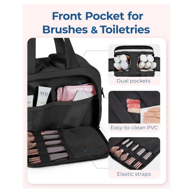 Large travel toiletry bag with wide open mouth in lightweight polyester fabric