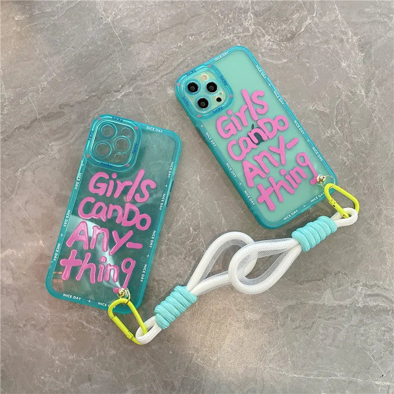 Transparent TPU phone case with graffiti artwork and attached lanyard for Apple iPhone models