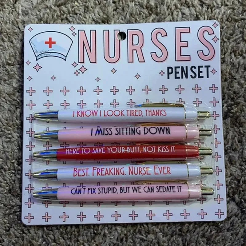 Five nurse-themed retractable ballpoint pens showing medical designs