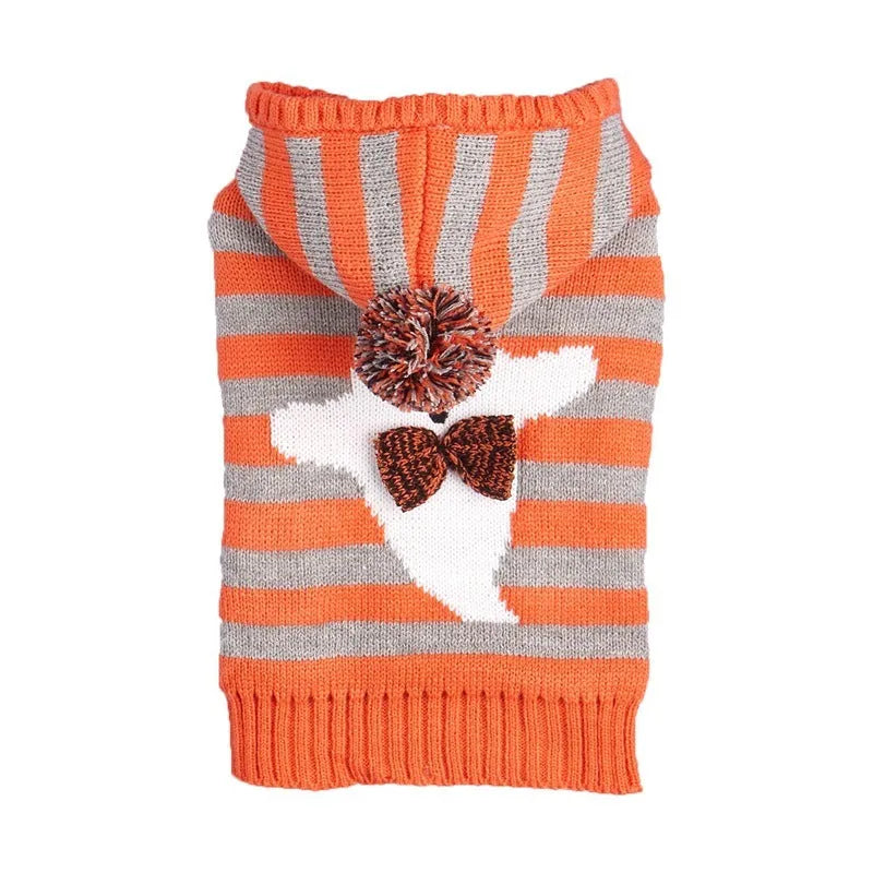 Orange striped knitted pet sweater with hood and fur ball trim for small dogs and cats