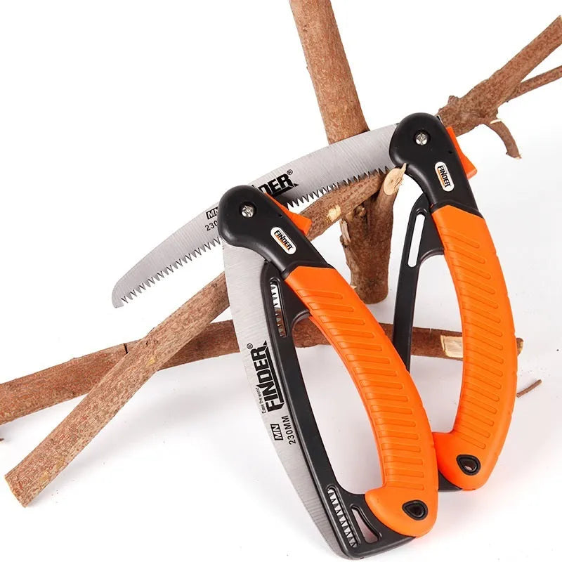9 inch folding garden hand saw with TPR handle and metal blade shown open and closed.