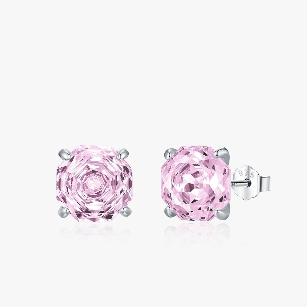 S925 sterling silver rose stud earrings in 6mm and 8mm sizes with pink floral design
