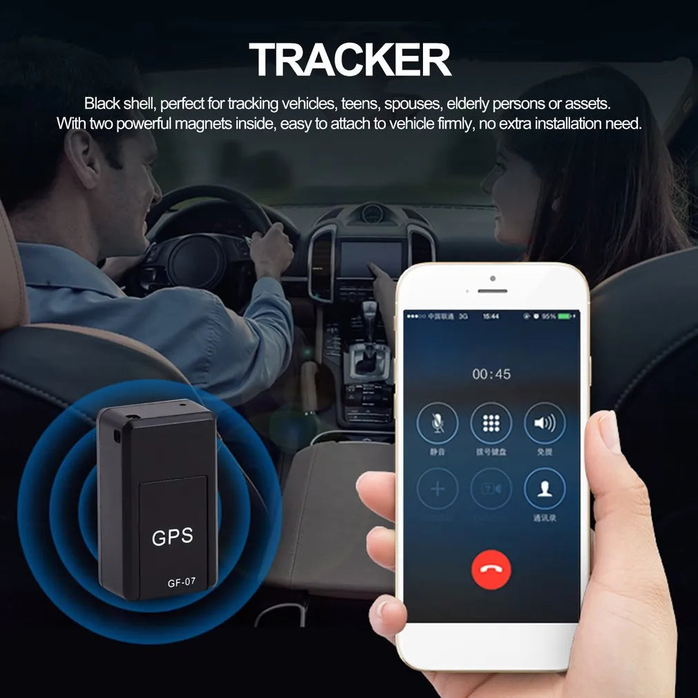 Black mini magnetic GPS car tracker device showing compact size and USB charging cable