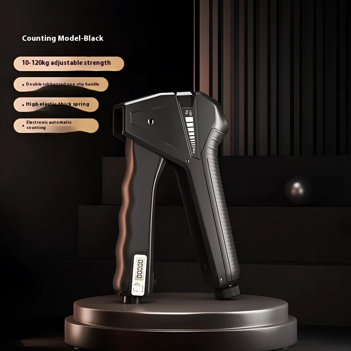 Adjustable hand gripper exercise equipment showing resistance settings from 5 to 60 with colour-coded mechanical display