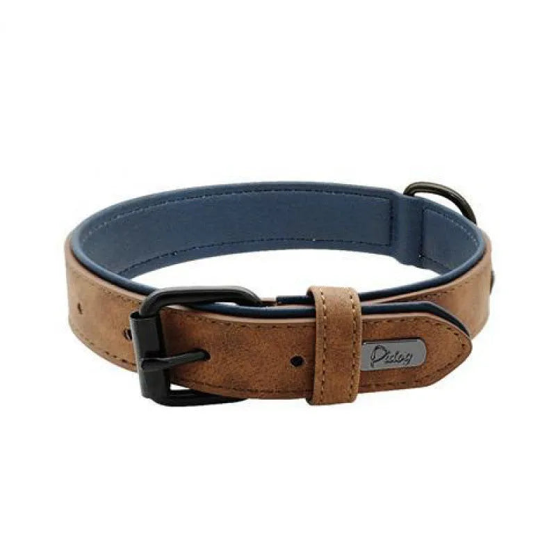 Adjustable double-layer dog collar in purple, showing PU front and microfiber back, with a buckle.