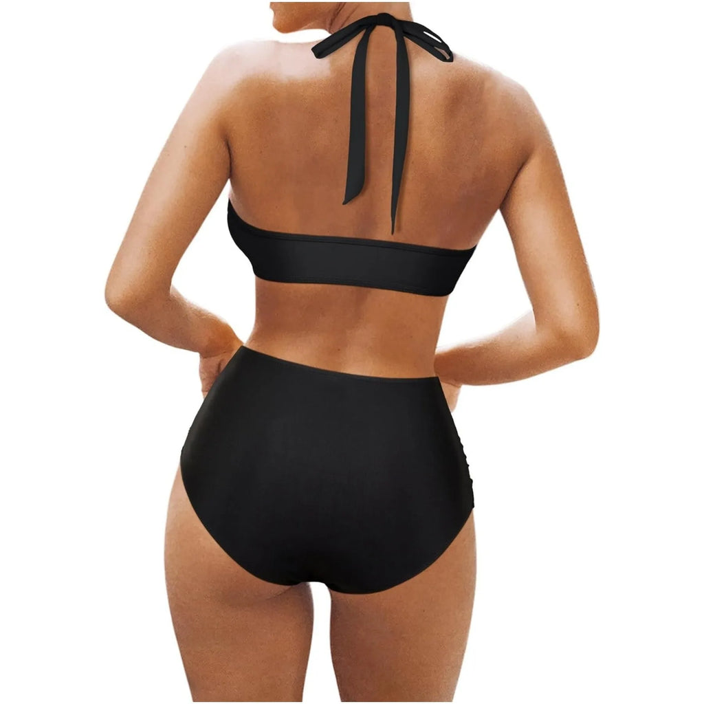 Women's black polyester bikini swimsuit set with top and briefs