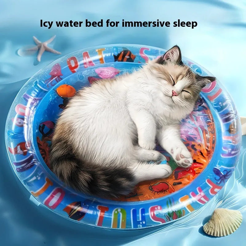 PVC water-filled cooling mat for cats in dolphin design showing water chamber construction