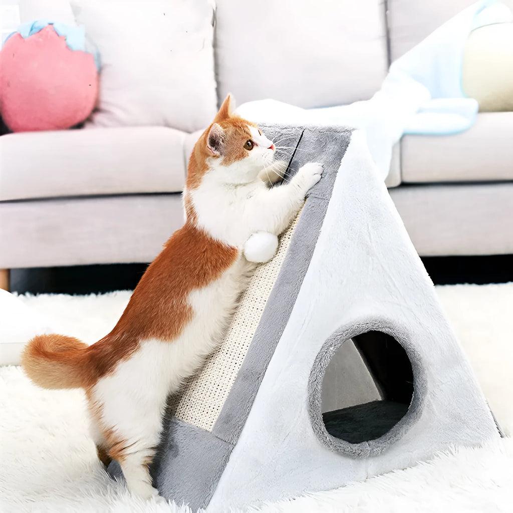 Triangle-shaped grey and white cat bed with sisal scratching sides and a soft plush sleeping area.