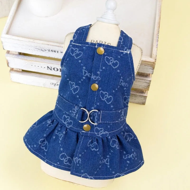 Small dog wearing denim princess dress with bracket-skirt style in classic denim colour