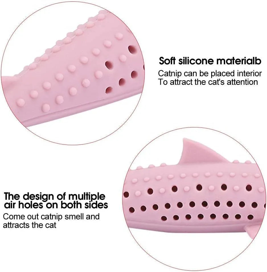 Fish shaped silicone cat chew toy with breathable side holes for catnip scent diffusion