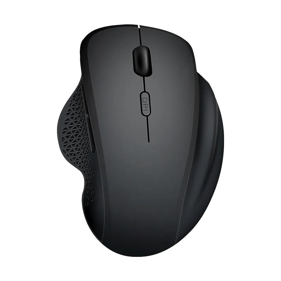 Black or grey wireless laptop mouse with USB charging cable on white background