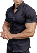 Men's short sleeve printed casual shirt with collar in cardigan style, available in multiple colours.