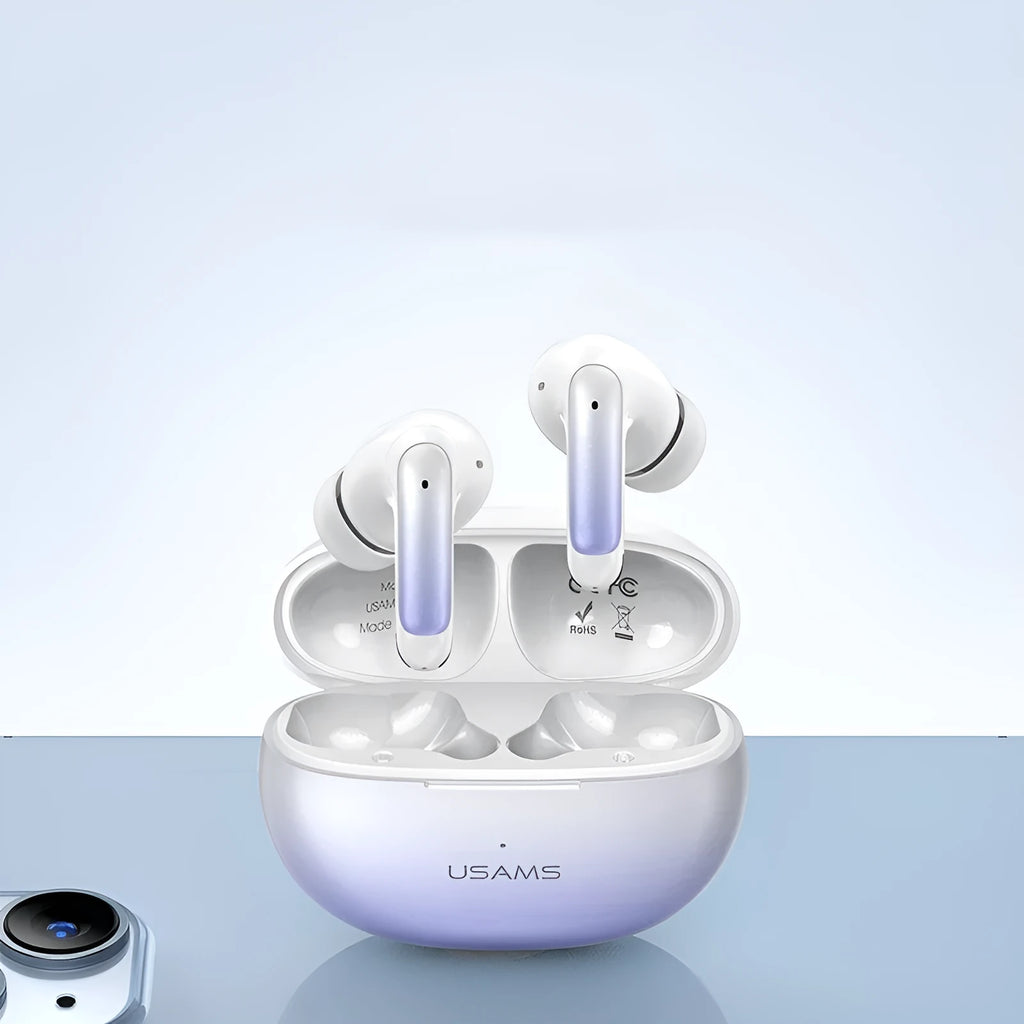 Wireless in-ear Bluetooth gaming headset in gradient blue colour with low-latency sports design.