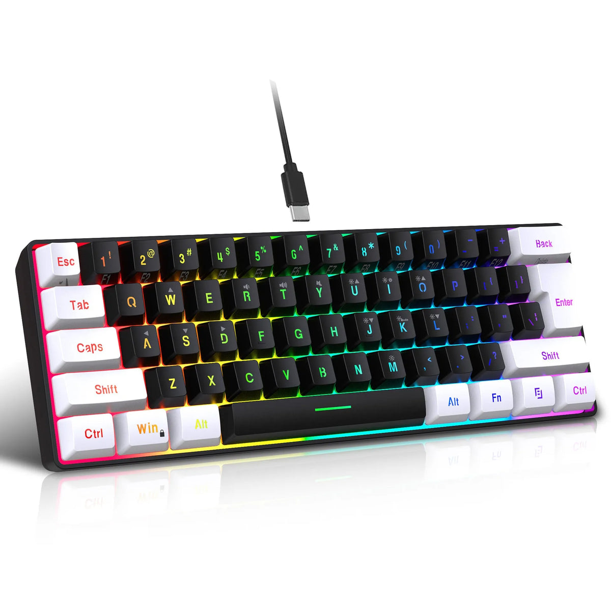 Wired 61-key membrane keyboard with white and black colour scheme showing compact design and USB cable