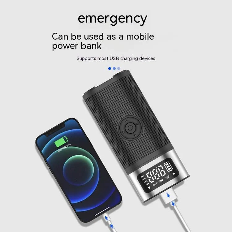 Black portable wireless car tyre air pump with LED light and USB charging cable
