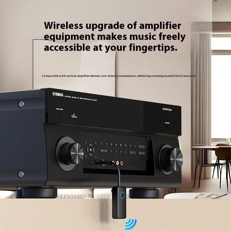 Black Bluetooth 5.4 audio adapter with 3.5mm plug for wireless music streaming.