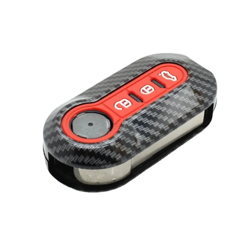 Fiat 500 Boyue ABS plastic remote key shell with carbon fibre pattern in black, red, and dark blue colours