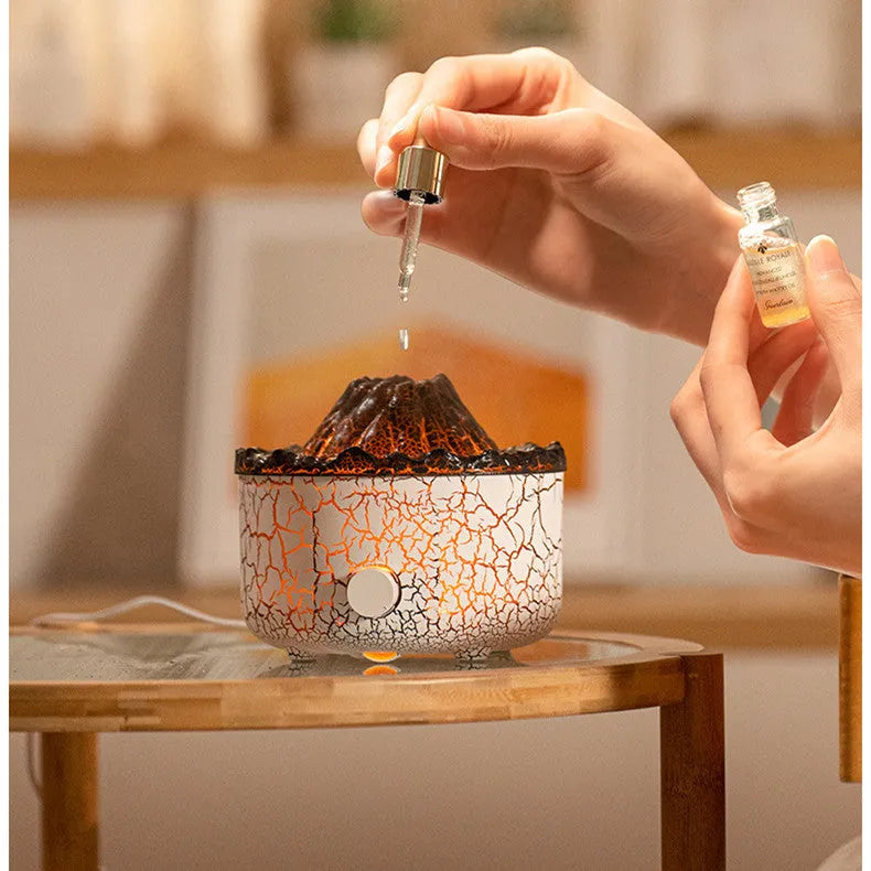 Volcano humidifier with LED flame and jellyfish mist effect, 0.5-1L tank, remote control, plug-in ultrasonic diffuser