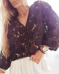 Lace V-neck cardigan shirt with three-dimensional flower decoration, long sleeves, loose fit street fashion style