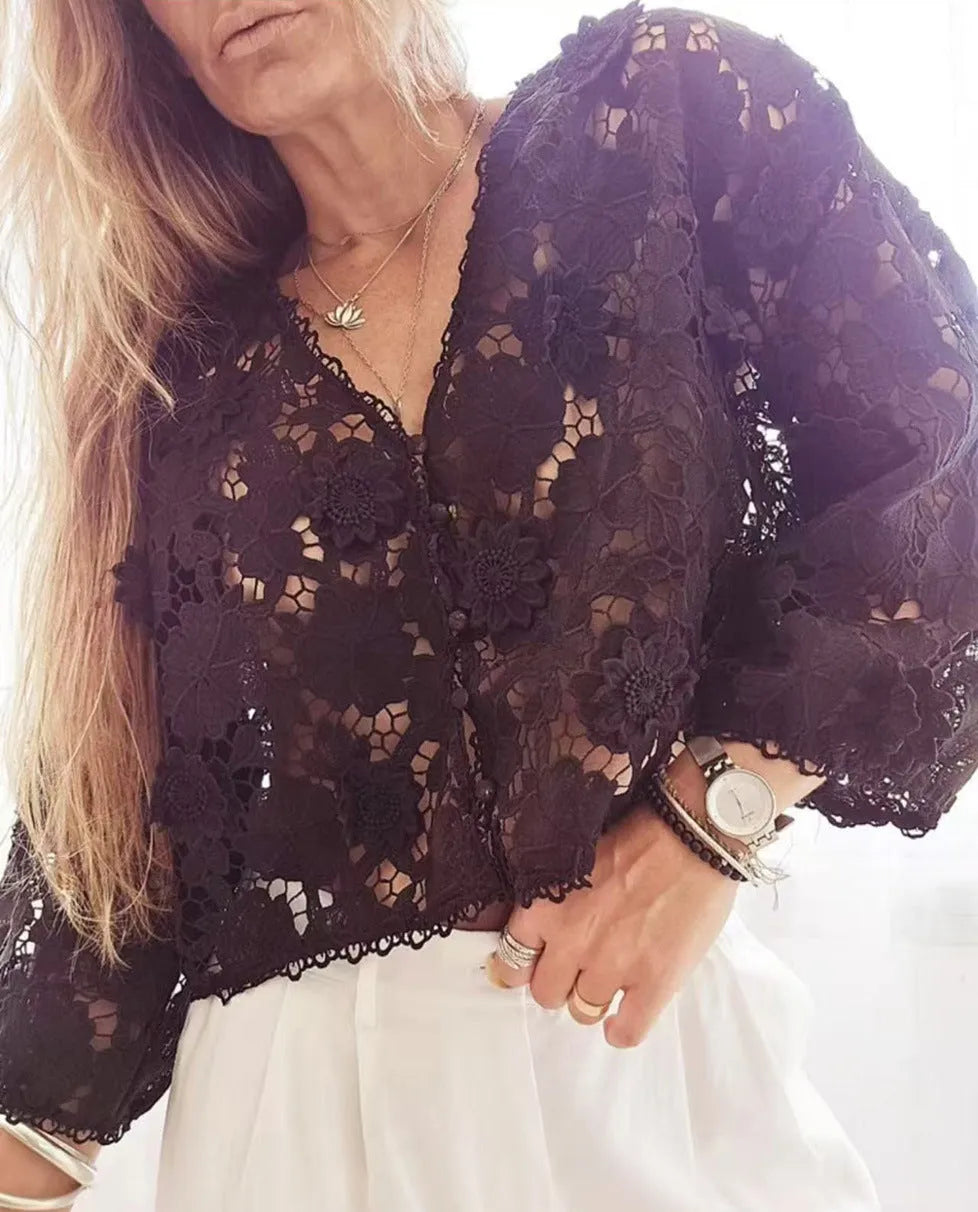 Lace V-neck cardigan shirt with three-dimensional flower decoration, long sleeves, loose fit street fashion style