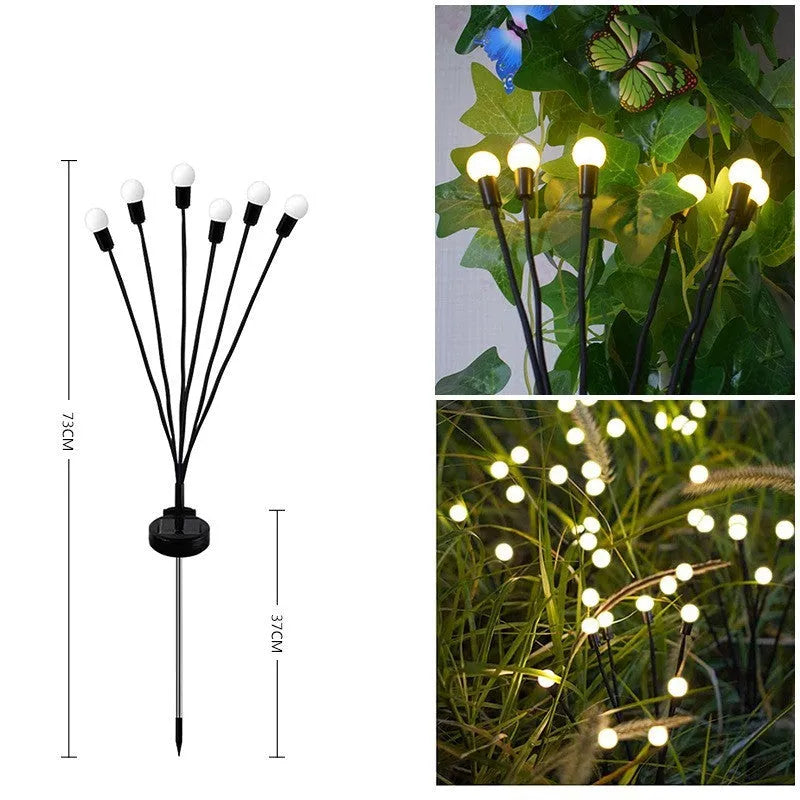 Solar-powered LED firefly lawn light with multiple heads and a stainless steel ground spike