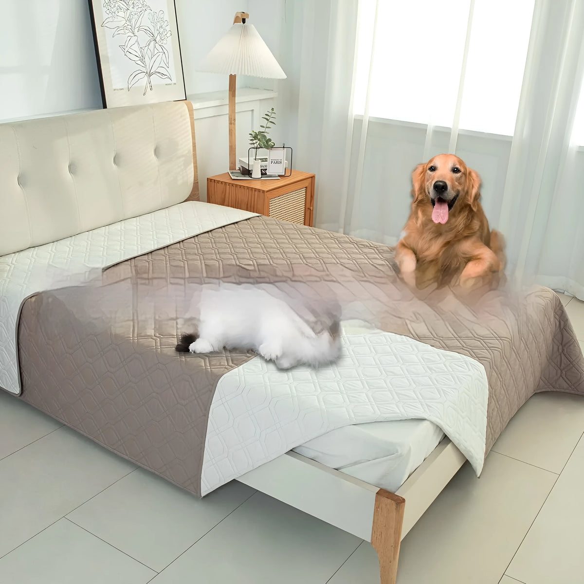 Reversible waterproof dog sofa cushion in khaki and beige, shown on a grey sofa.