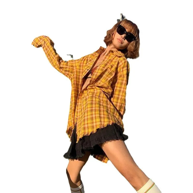 Dopamine yellow plaid loose fit shirt on hanger showing cardigan style and chemical fibre blend fabric