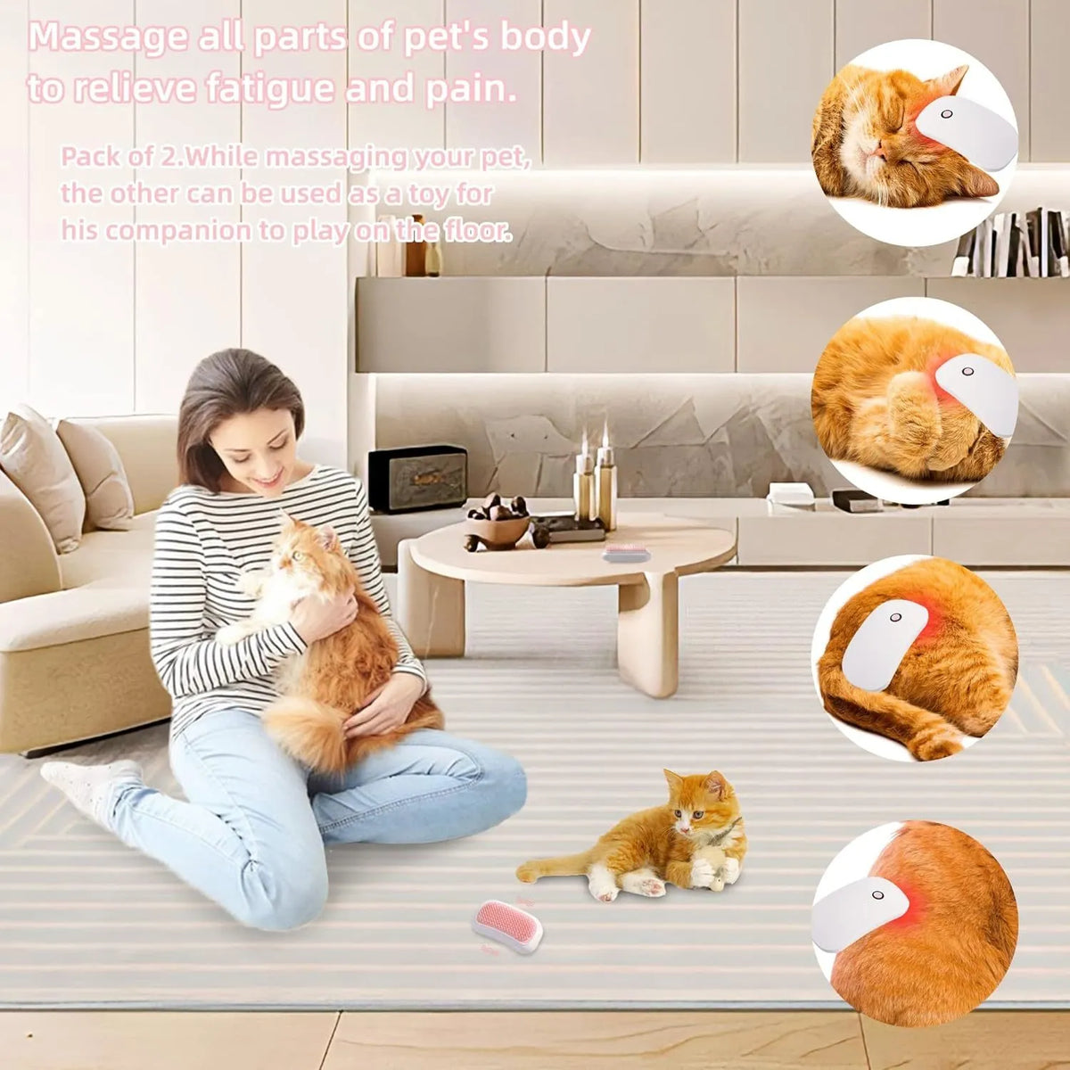 Pink handheld electric vibration brush for grooming and massaging cats and dogs.