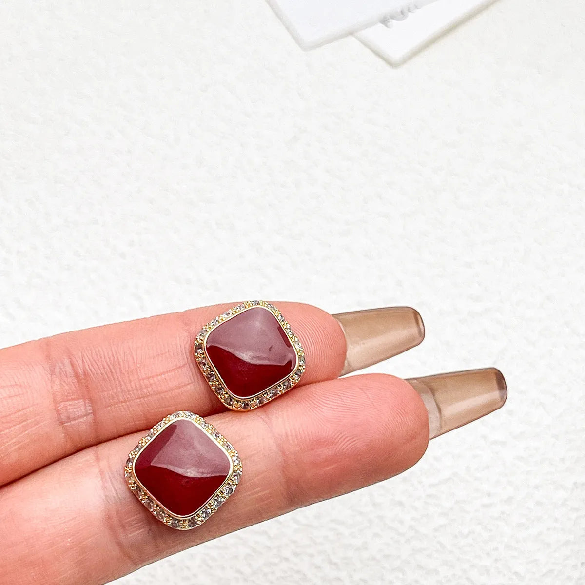 Retro red geometric earrings with square inlaid design on alloy material