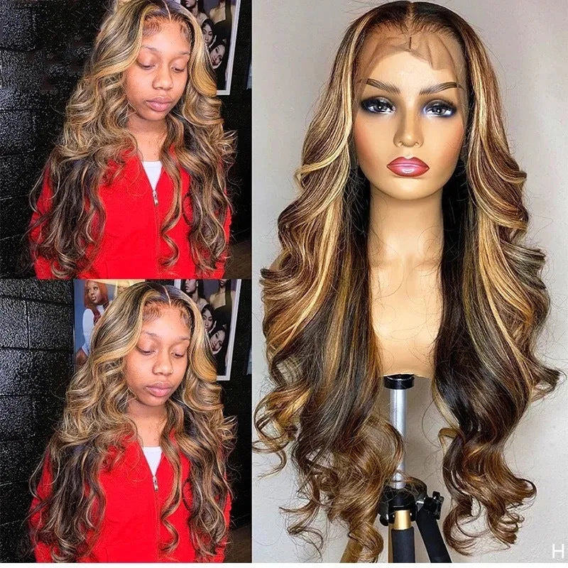 Front lace wig with long curly hair in gradient colours, showing side bangs and natural hairline placement