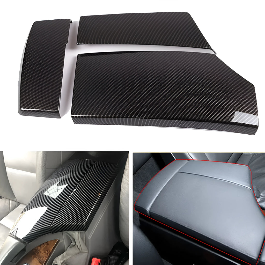 Set of three black ABS plastic car armrest box covers with a diagonal carbon fibre weave pattern.