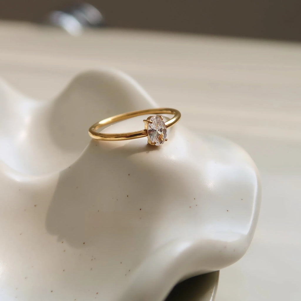 Stainless steel heart shape ring with a golden electroplated finish, shown in Heart and Oval colour variations.