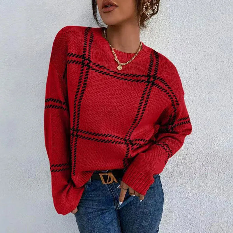 Women's loose-fit plaid sweater with colour-block stripes in acrylic, shown in apricot colour.