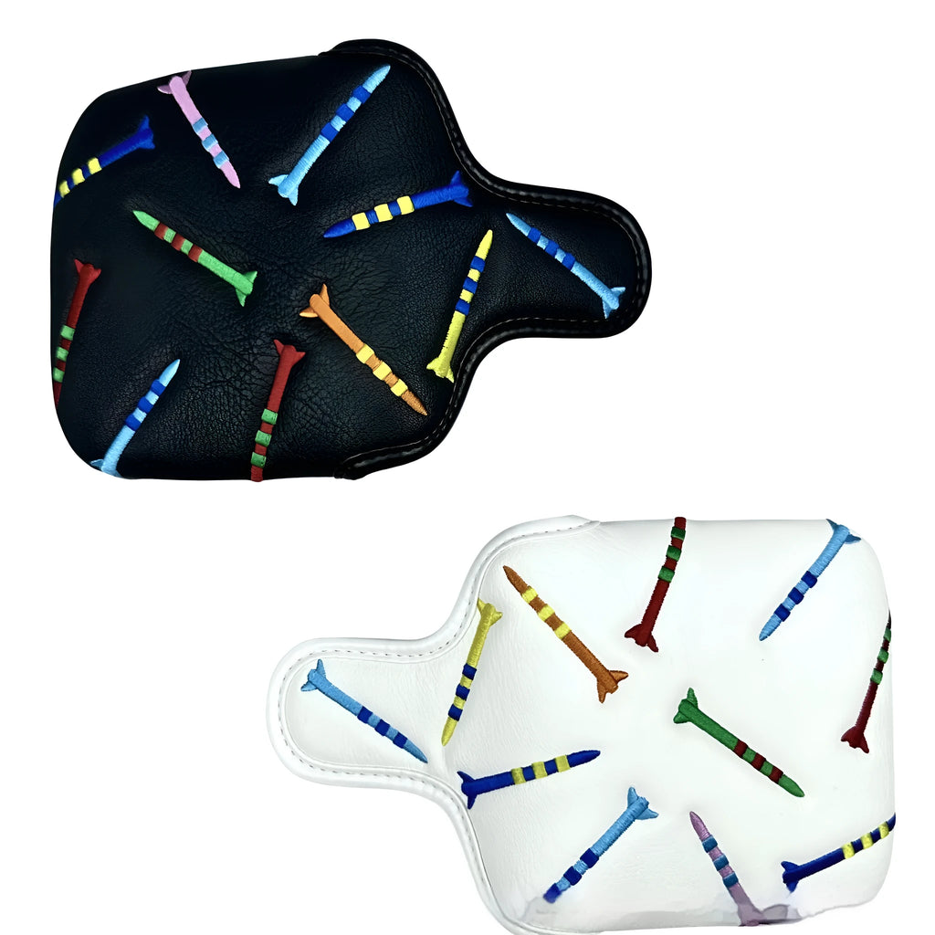 Black golf putter protective sleeve with rocket pattern square design on putting green