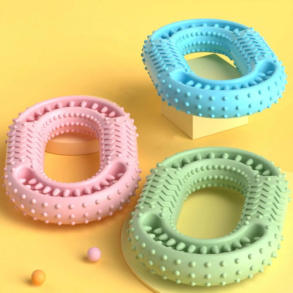 Blue green pink O-ring shaped dog chew toy for aggressive chewers measuring 12.5 by 8.6 centimetres