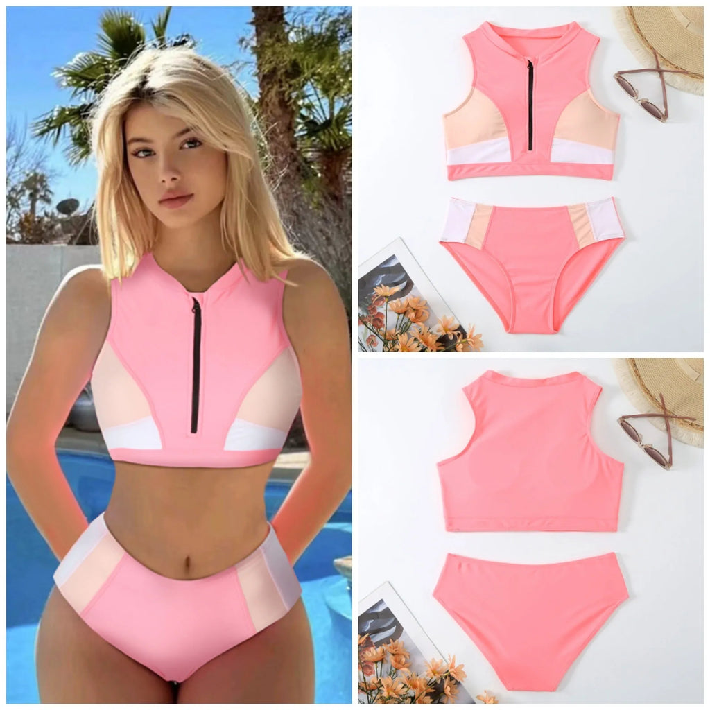 Pink high-waist women's bikini swimsuit with briefs style on a mannequin.