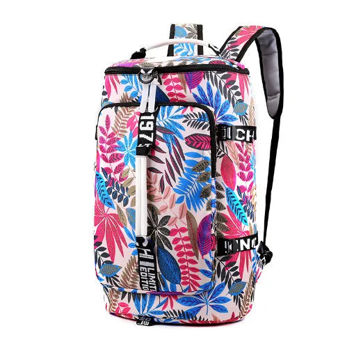 Black convertible nylon gym bag showing backpack, shoulder bag, and handbag modes with separate shoe compartment.