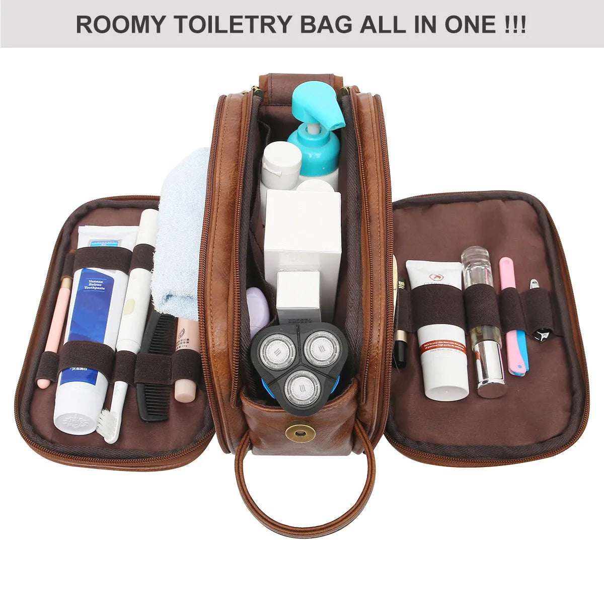 Men's solid colour PU toiletry bag for travel storage and cosmetics, shown in black and brown.