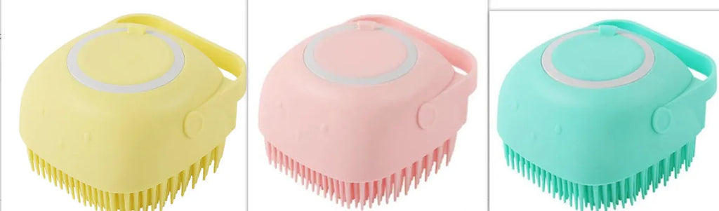 Blue silicone dog bath brush for washing and massaging pets during bath time.