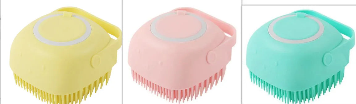 Blue silicone dog bath brush for washing and massaging pets during bath time.