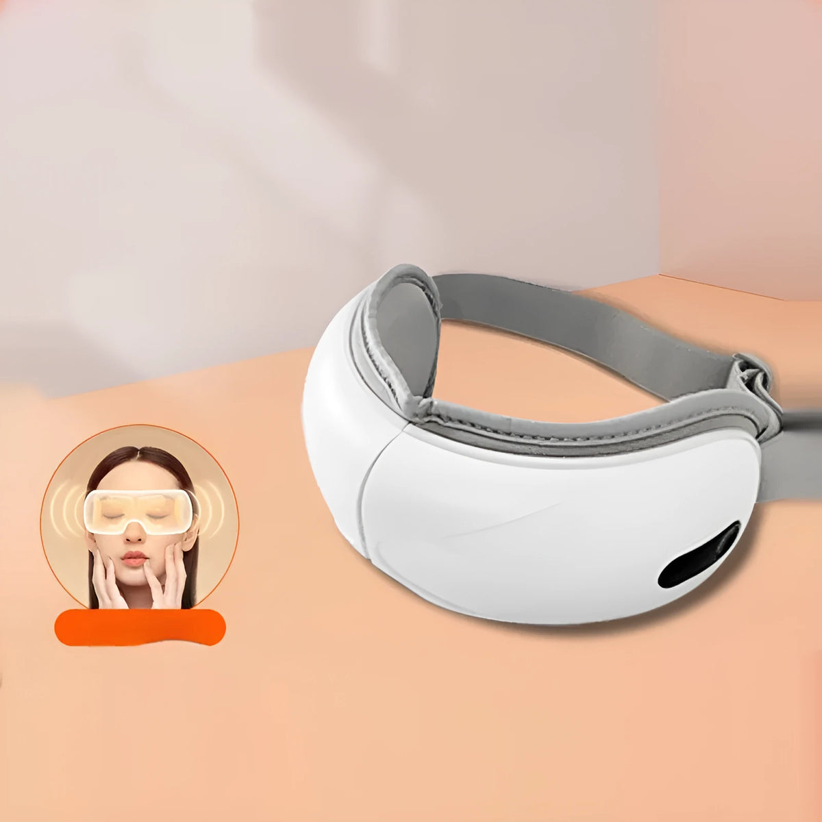 White rechargeable eye massager with ABS plastic shell for hot compress and airbag massage functions.