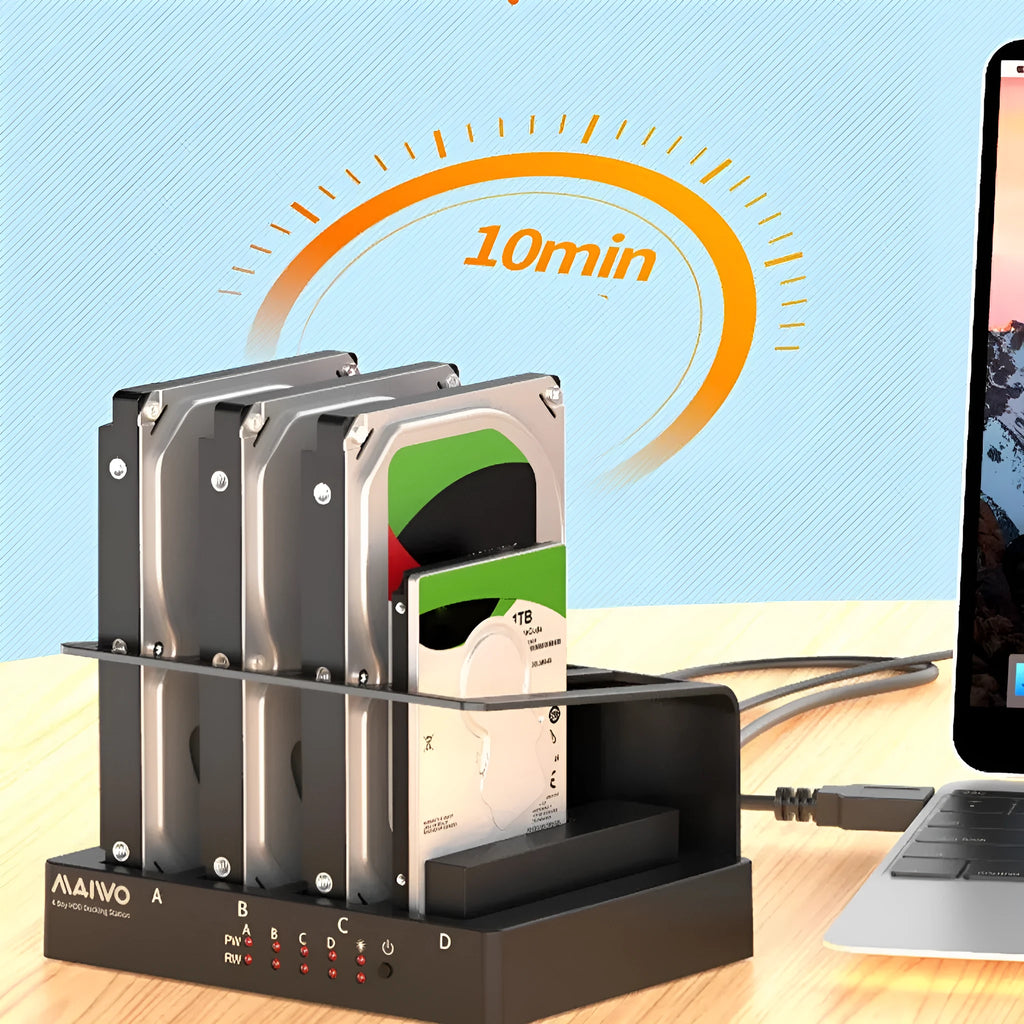 Four-bay external hard drive enclosure for 2.5-inch SATA drives with cables and mounting brackets
