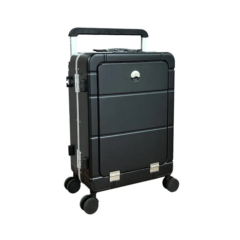 20-inch front opening hard-shell cabin suitcase in silver colour with visible cup holder and wet-dry separation zip.