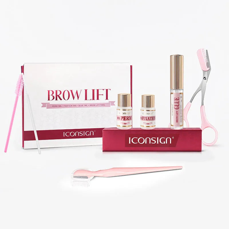 Pink eyebrow quick ironing perm kit with complete eyebrow styling tools and application implements