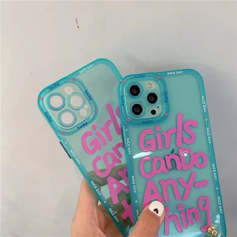 Transparent TPU phone case with graffiti artwork and attached lanyard for Apple iPhone models