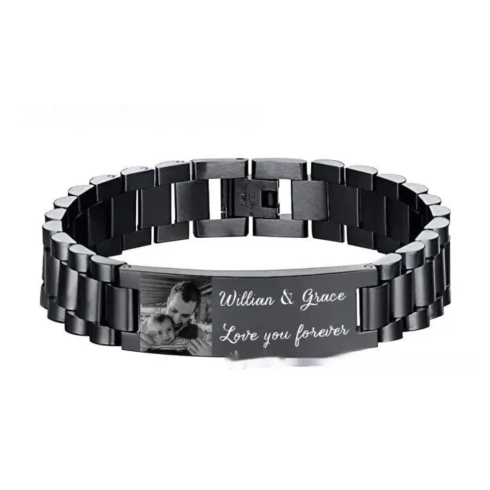 Titanium steel curved heart bracelet with black lettering on wrist