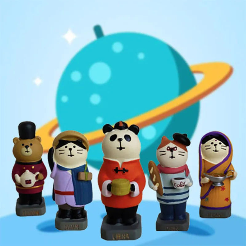 Cartoon resin cat statue dressed as Statue of Liberty holding travel globe, Earth Instrument Cat and Carp Cat style variants.