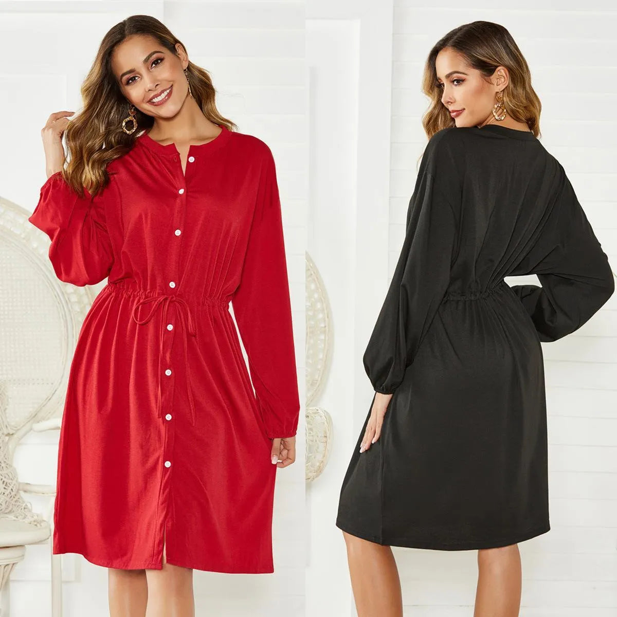 Women's black A-line midi dress with elastic waist and cinched belt, long sleeve cardigan-style