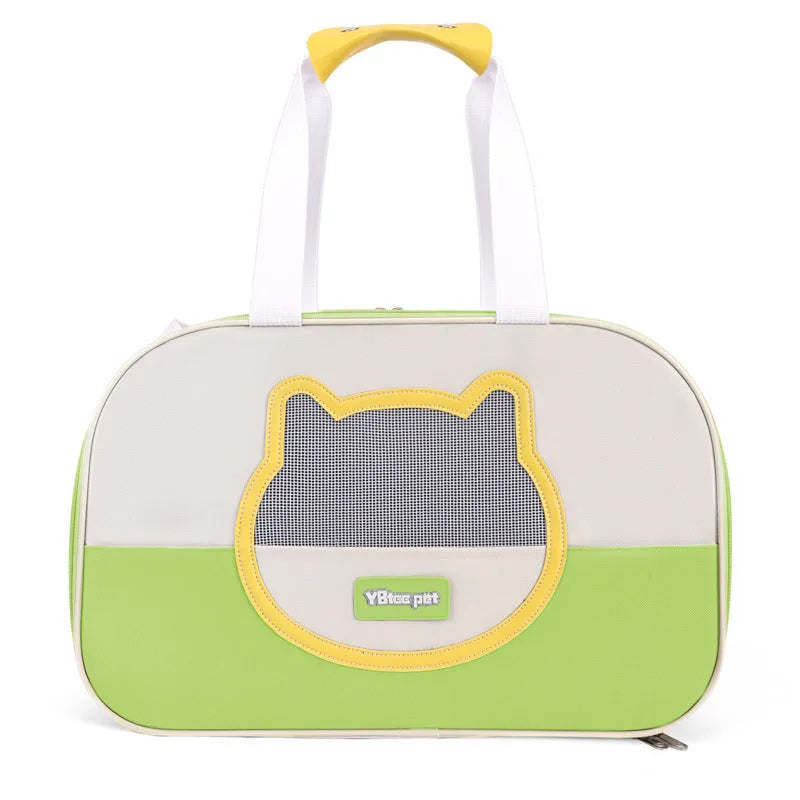 Foldable outdoor cat backpack carrier in blue colour with contrast pattern and adjustable straps