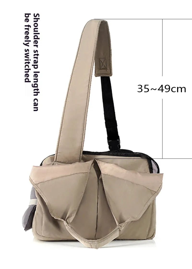 Apricot coloured cloth pet handbag carrier with shoulder strap for small dogs or cats.